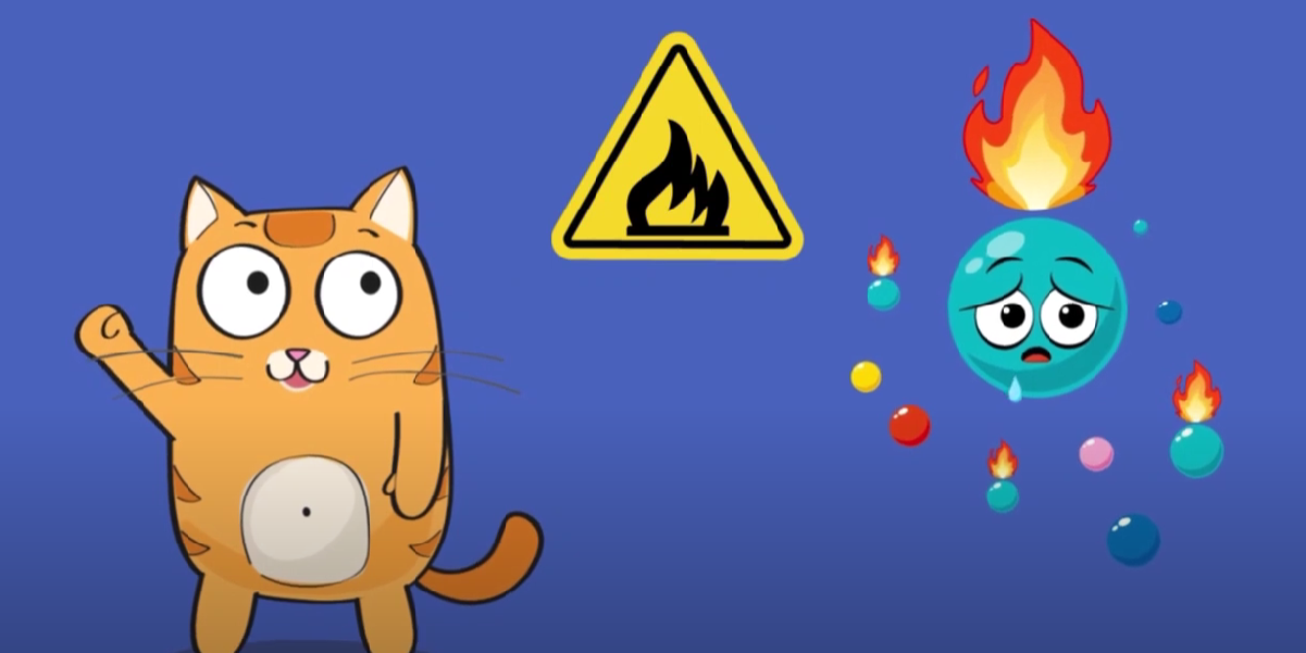 Мультиплікаційне зображення кота та знаку вогню 
