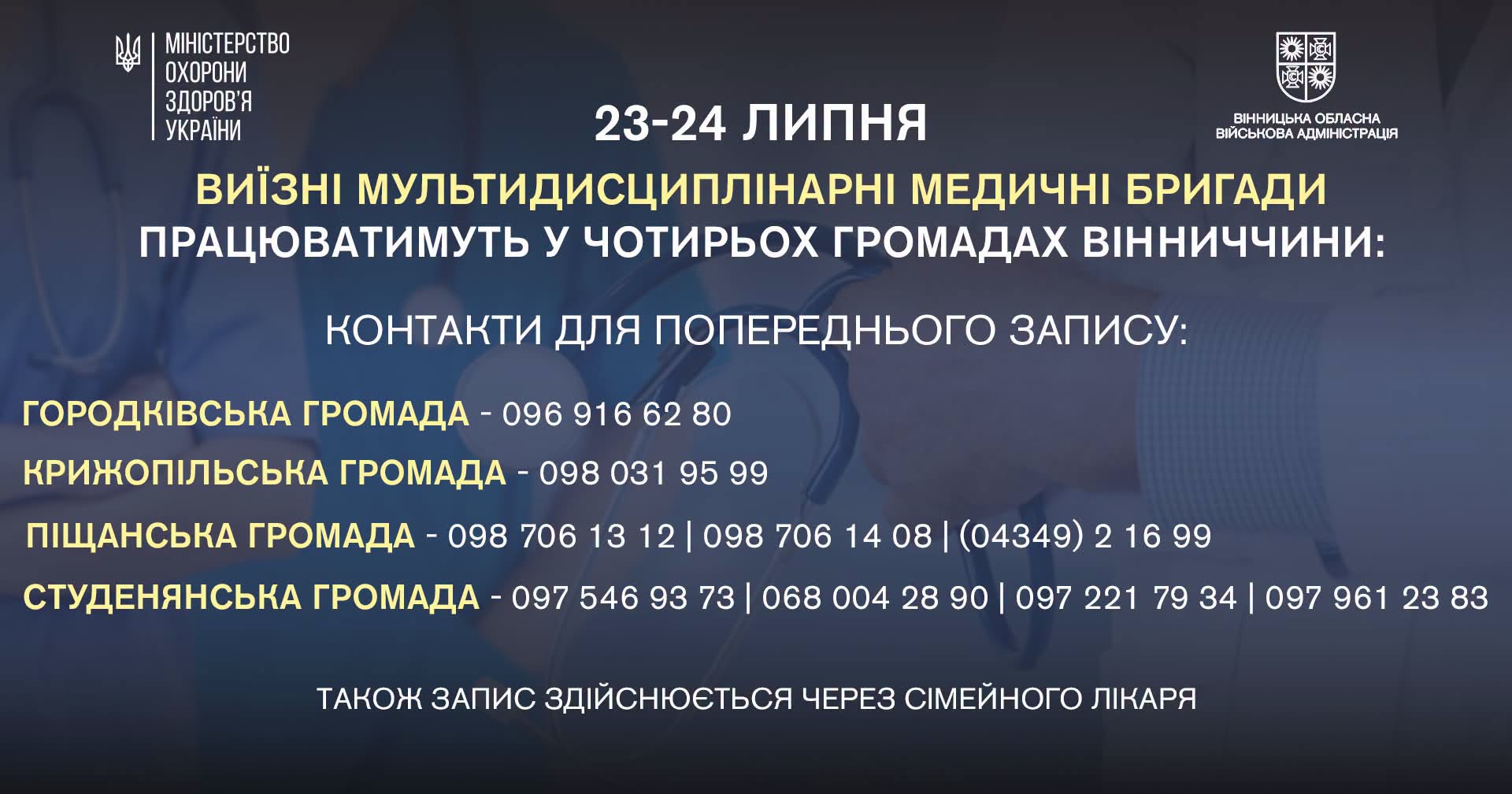 30 висококваліфікованих медичних фахівців із Вінниччини, Хмельниччини, Чернівеччини, Одещини та Національного інституту раку 23–24 липня працюватимуть у чотирьох громадах нашої області: 🔹 Крижопільській громаді; 🔹 Городківській громаді; 🔹 Студенянській громаді; 🔹 Піщанській громаді;