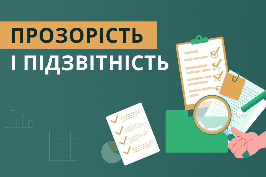 зображення документів та лупи на синьому тлі з написом "Прозорість і підзвітність"