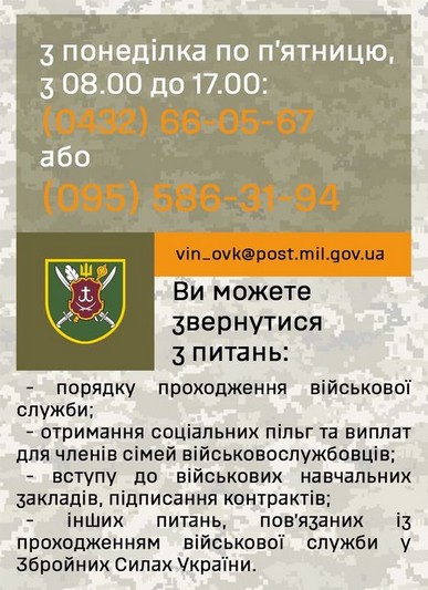 Громадяни можуть звертатися за роз’ясненнями на гарячу лінію Вінницького обласного центру комплектування та соціальної підтримки