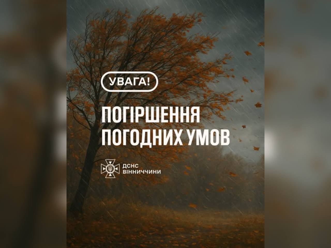 24 жовтня на Вінниччині очікується погіршення погодних умов