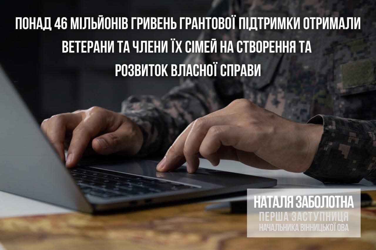зображення з написом "Понад 46 мільйонів гривень грантової підтримки отримали ветерани та члени їх сімей на створення та розвиток власної справи"