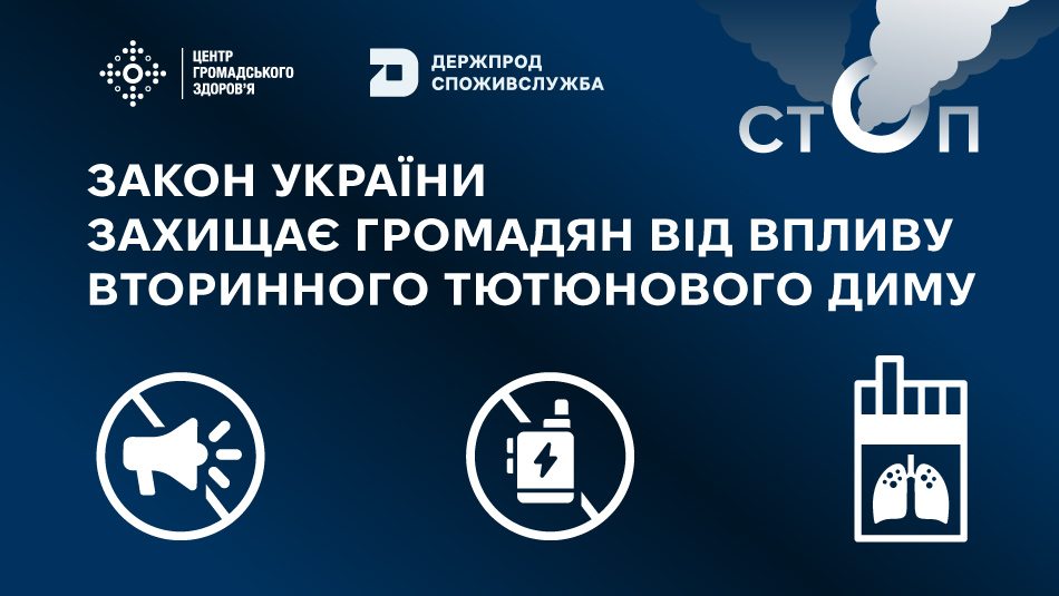 Напис "Закон України захищає громадян від впливу вторинного тютюнового диму" на темно-синьому фоні та тематичні зображення