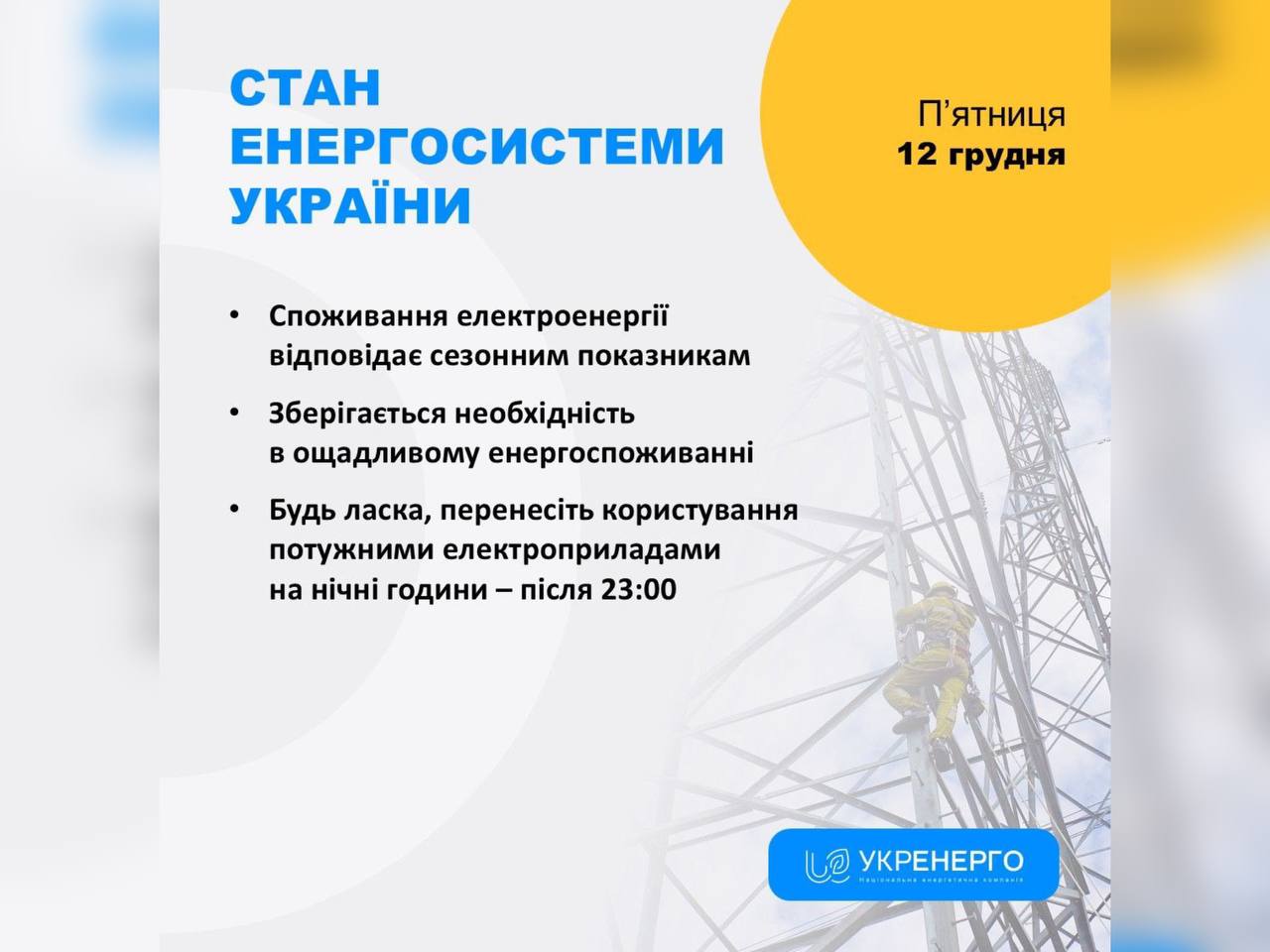 У «НЕК» Укренерго» інформують щодо стану енергосистеми