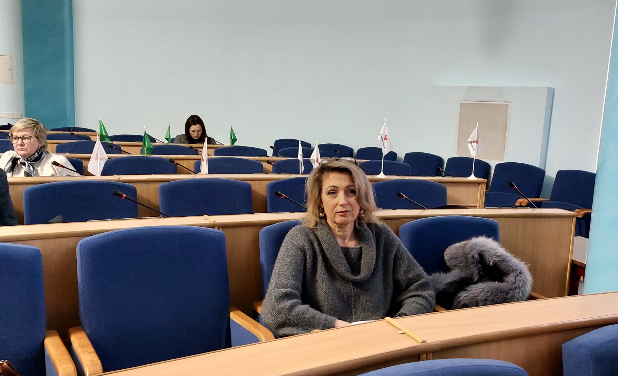 Жінка сидить у лекційній аудиторії з прапорами на стінах.